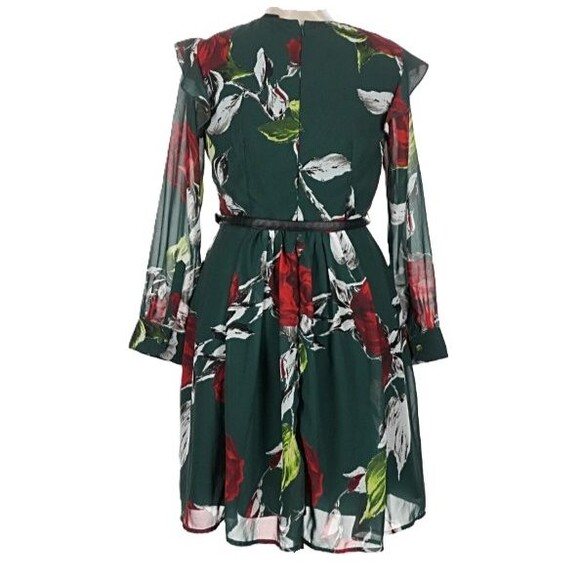 eShakti Green Floral Fit & Flare Dress Ruffle Faux Leather Belt 1X Dark Romantic - Picture 3 of 16